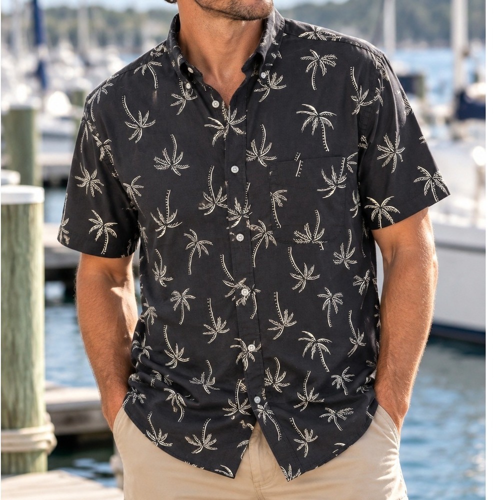 Old Navy Button Down Shirt Mens L Black Excellent Palm Tree Print Short Sleeve